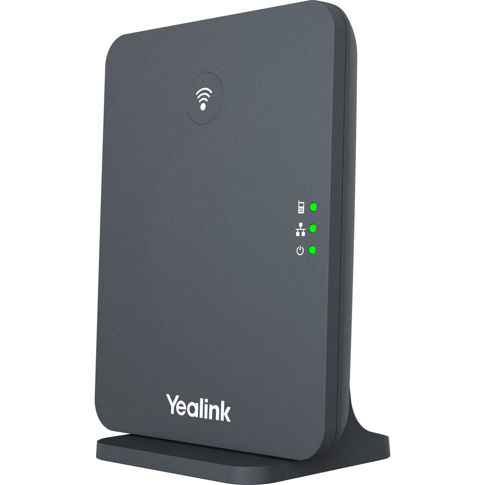 Un dispositivo Yealink grigio con simbolo Wi-Fi e indicatori LED verdi.
