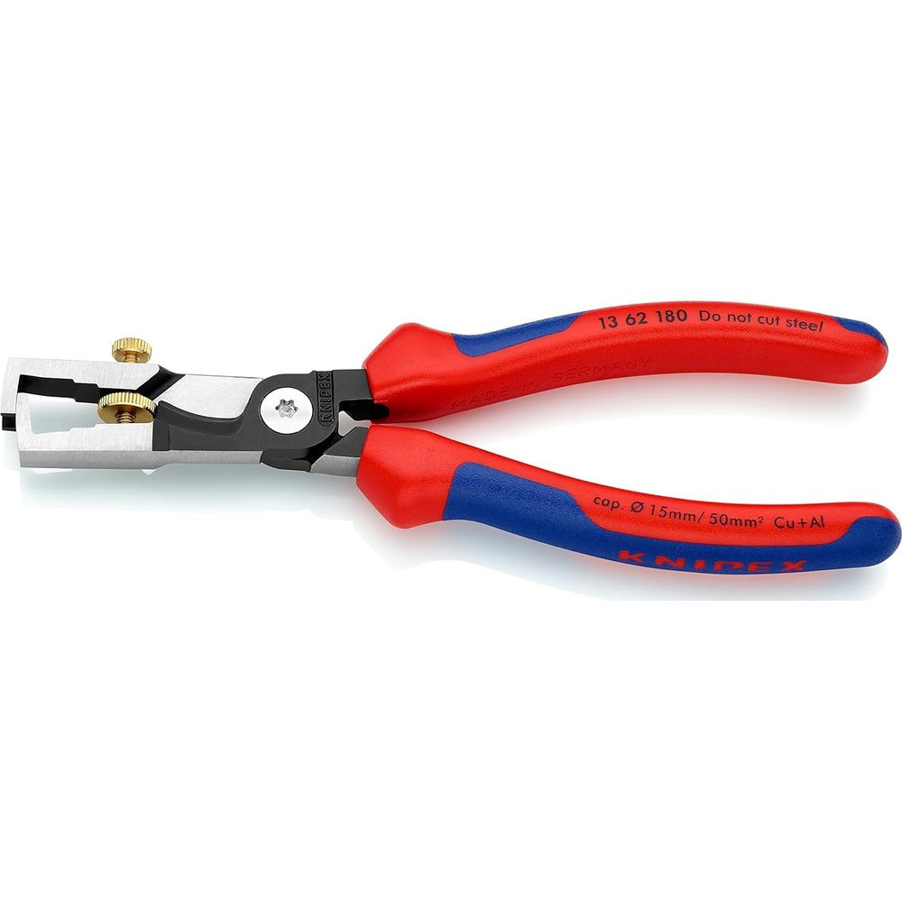 Ein roter und blauer Drahtabisolierzange mit silbernen Klingen. Beschriftung: KNIPEX.