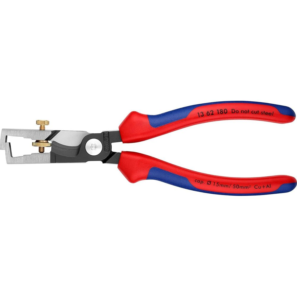 Rot-blaue Abisolierzange mit Metallbacken und Messing-Einstellschraube.
