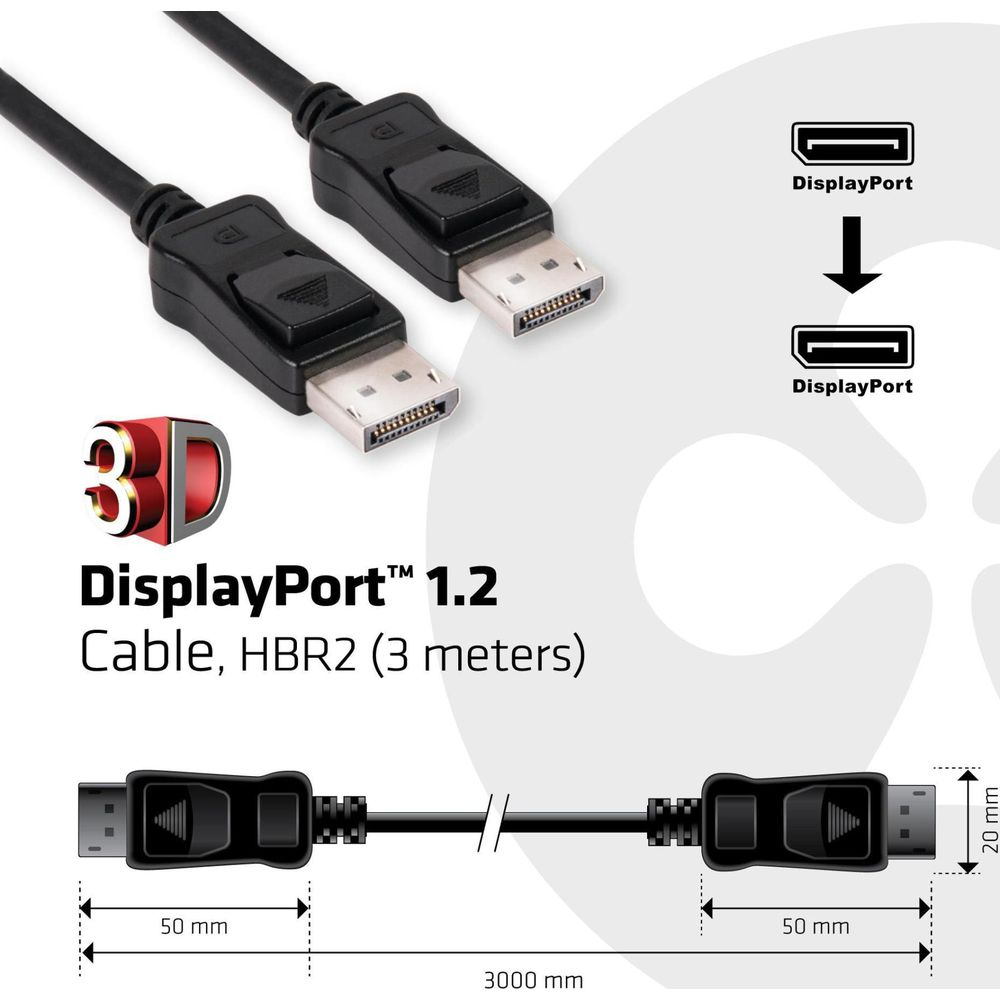 DisplayPort 1.2 kabel, 3 meter lang, met connectoren en afmetingen.