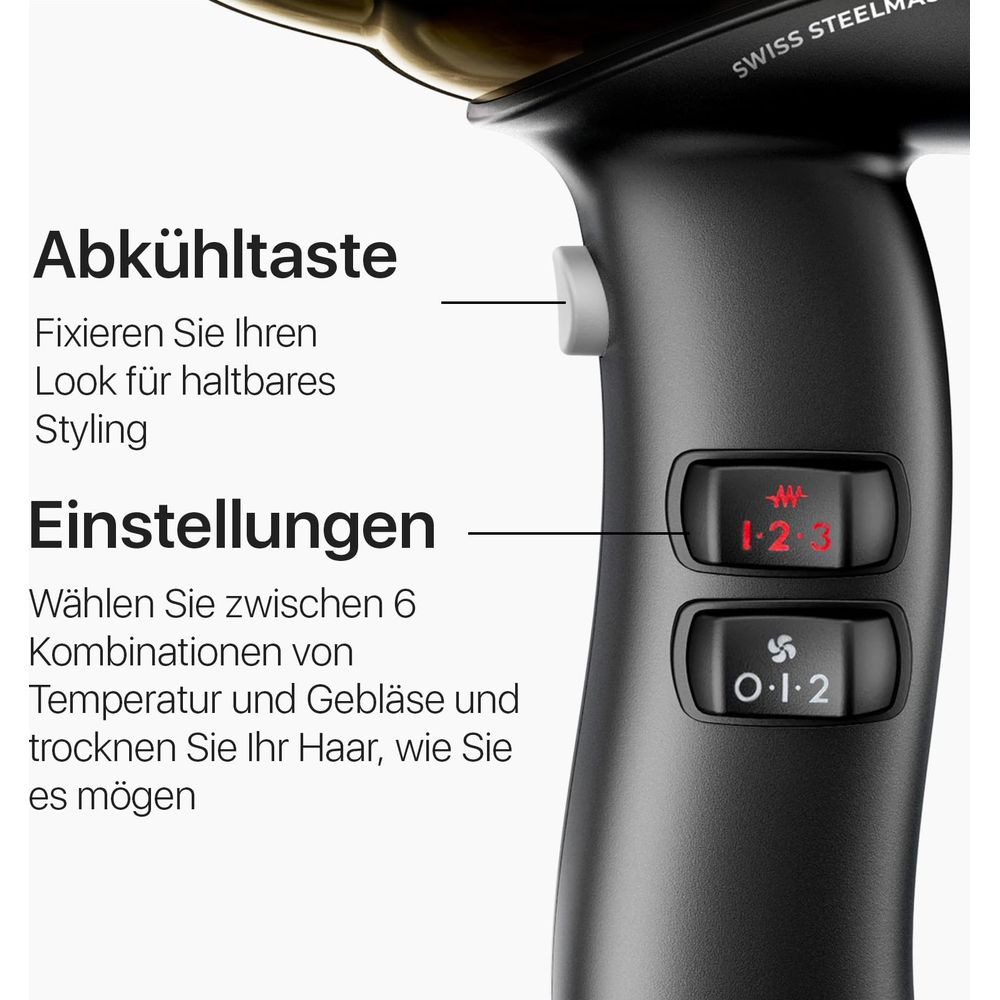 Drei Bedienelemente an einem schwarzen Haartrockner: Kühltaste, Temperatur und Lüfter.