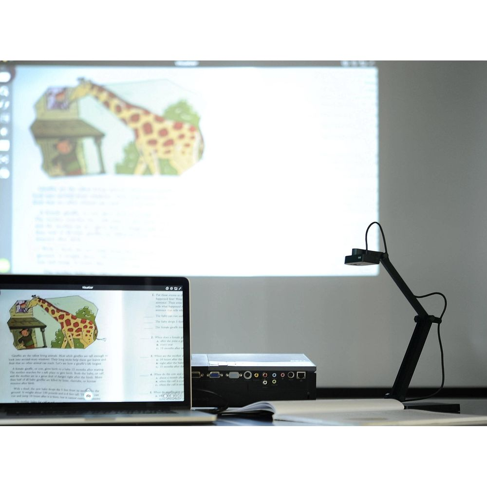 Laptop, document camera e schermo del proiettore mostrano immagine di giraffa e testo.
