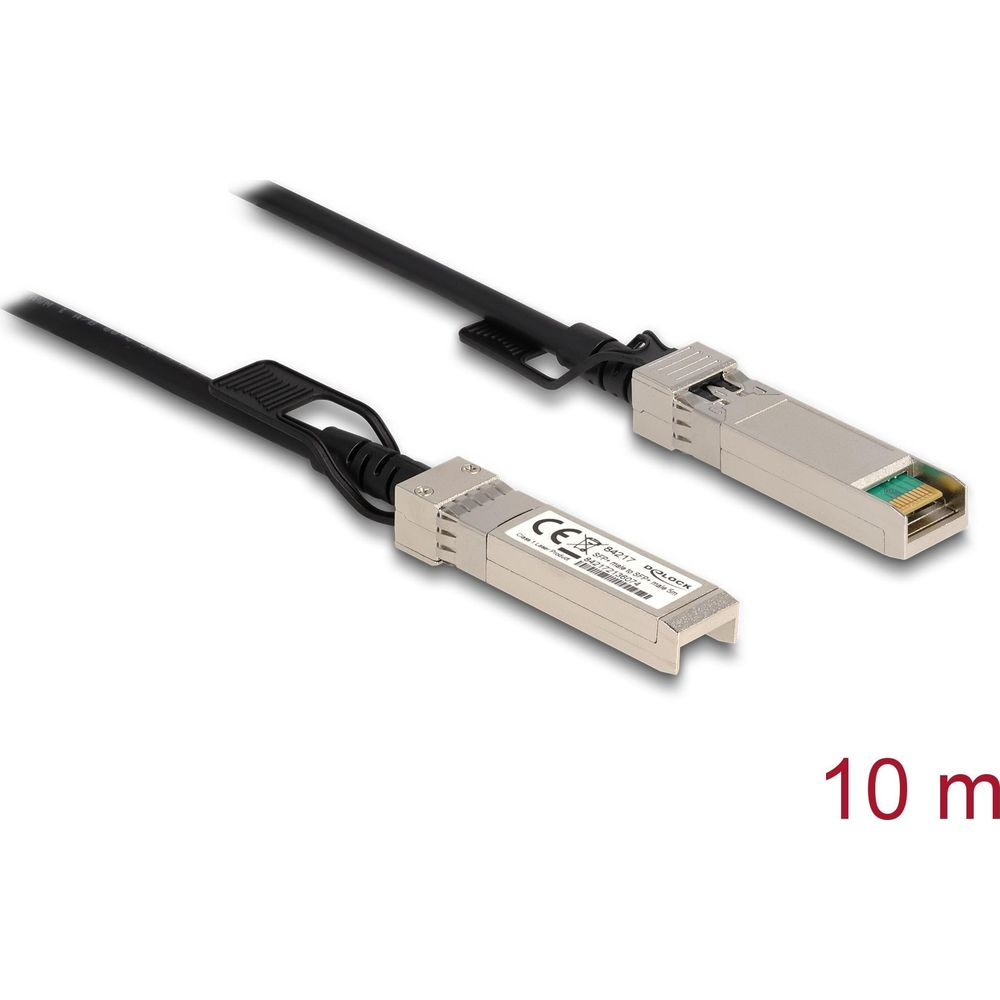 Due cavi SFP argentati con cappucci neri ed etichette, 10m.