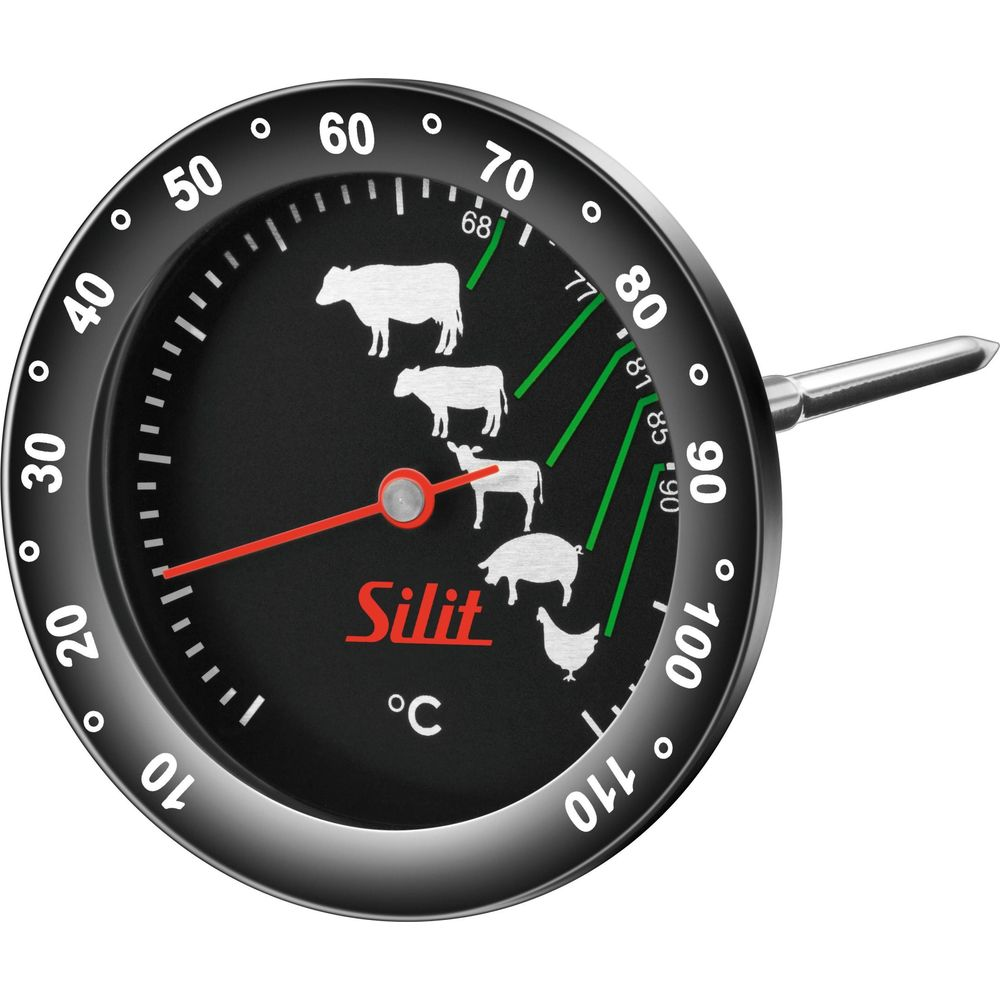 Fleischthermometer mit Skala von 0-110°C, Symbolen für Fleischsorten und rotem Zeiger.