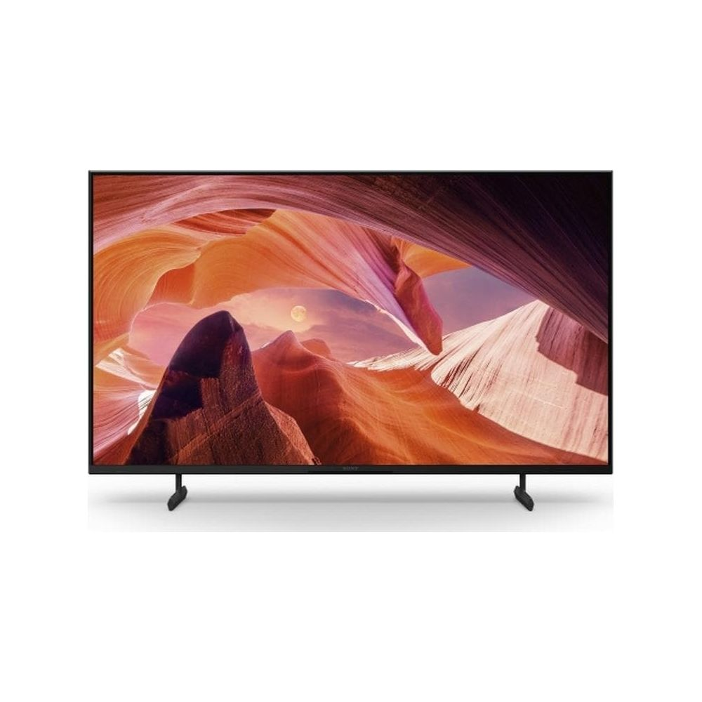 Nowoczesny czarny telewizor z ekranem przedstawiającym pustynny krajobraz.