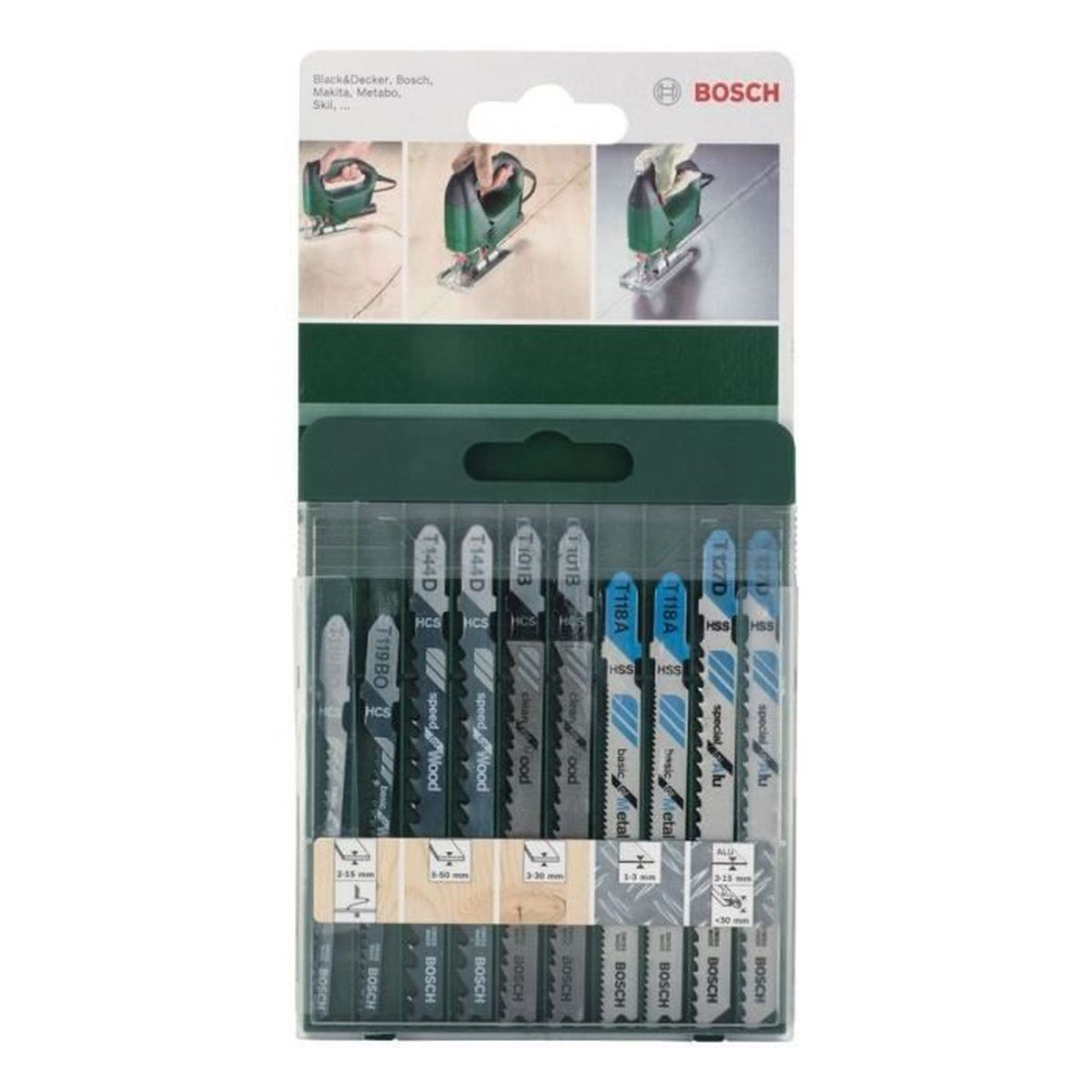 Bosch Stichsägeblätter-Set für Holz und Metall in transparenter Verpackung.