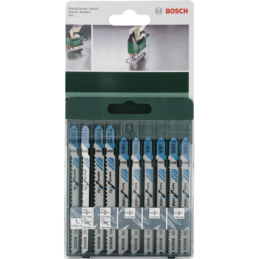 Verpackung mit Bosch Stichsägeblättern für Metall und Aluminium, sortiert.