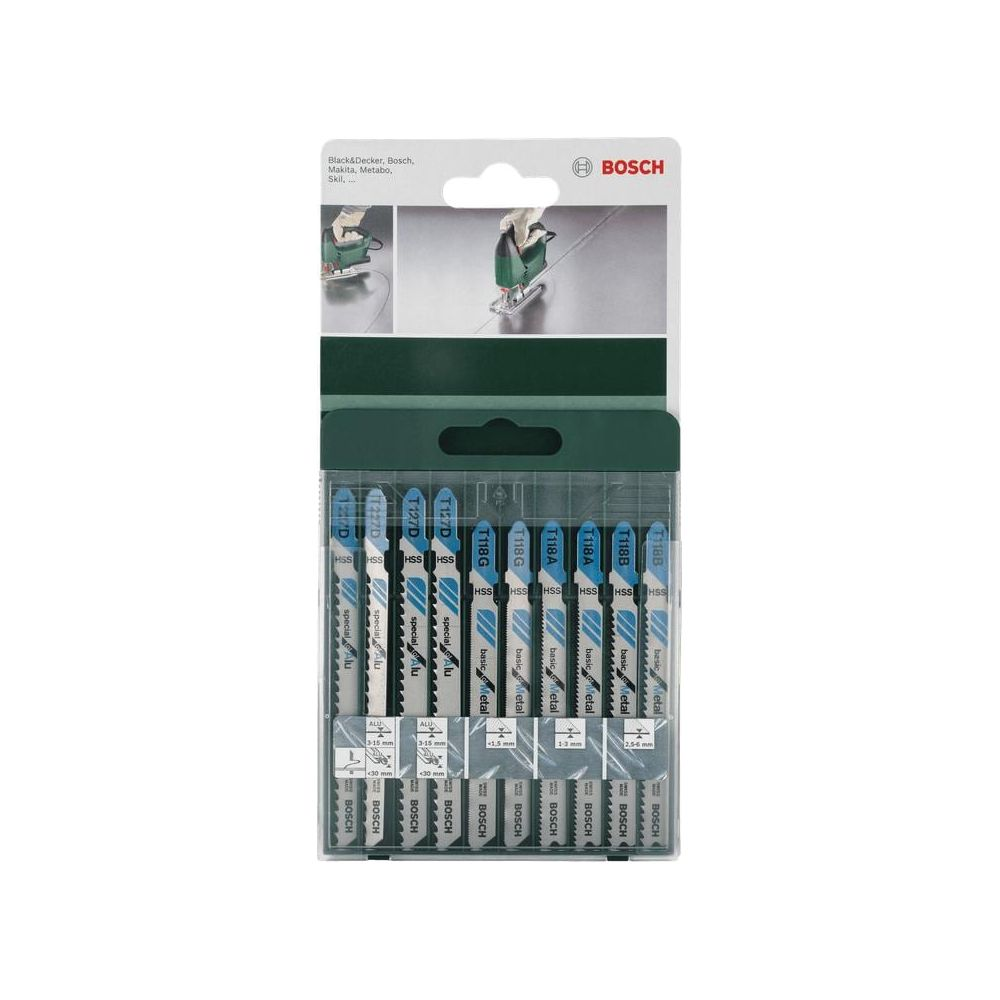 Verpackung mit Stichsägeblättern von Bosch, mit Beschriftungen und Spezifikationen.