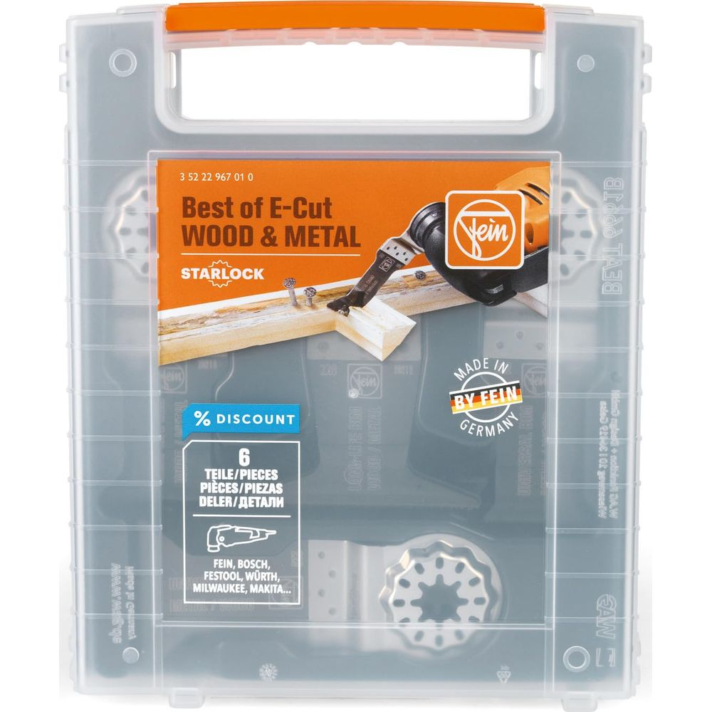 Ein Multitool-Zubehörset mit Sägeblättern für Holz und Metall in einer transparenten Kunststoffbox.