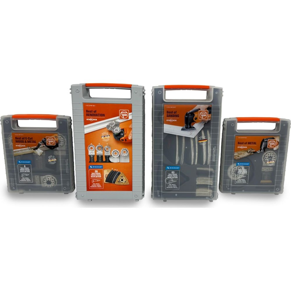Vier Werkzeugkoffer für Holz, Metall, Renovierung und Schleifen.