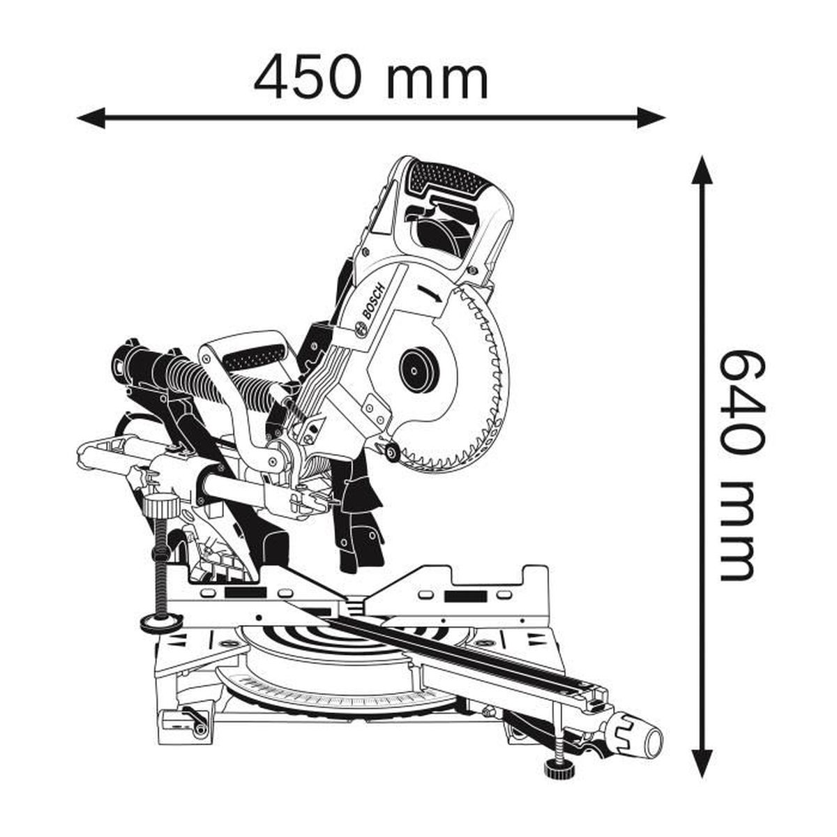 Dibujo lineal de una sierra ingletadora Bosch con dimensiones.