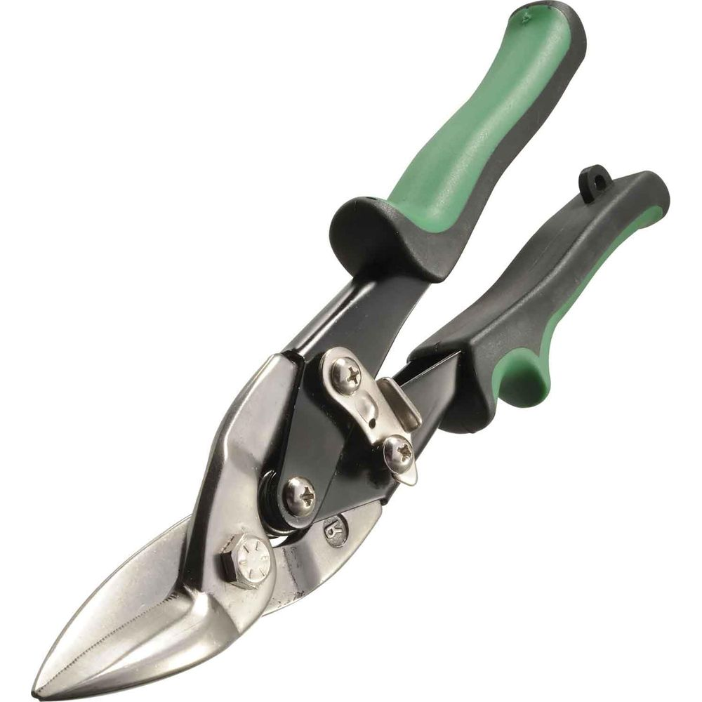Eine metallschere mit schwarzen und grünen Griffen auf weißem Hintergrund.