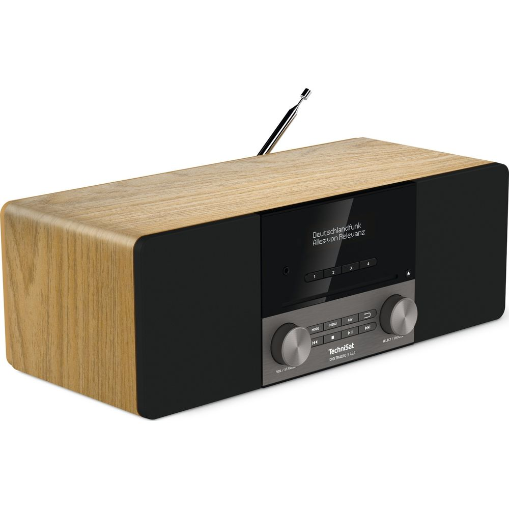 Radio in legno con display nero e antenna. Mostra 'Deutschlandfunk'.