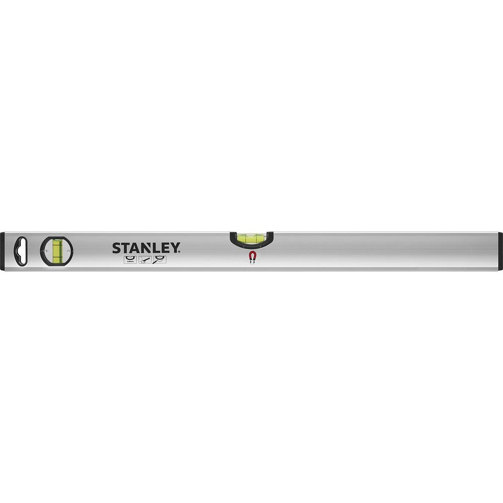 Silberne Wasserwaage mit Stanley-Logo und Libellen.