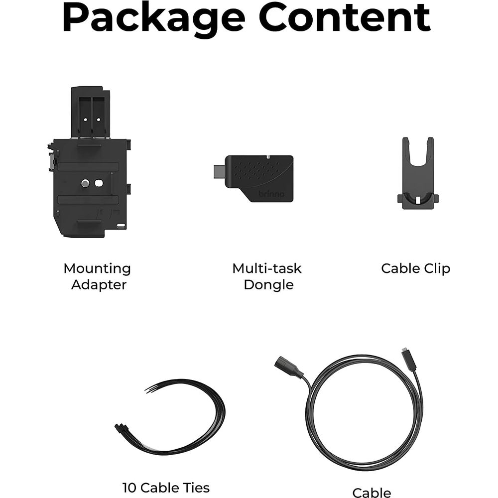 Packungsinhalt: Montageadapter, Dongle, Kabelclip, Kabelbinder und Kabel.