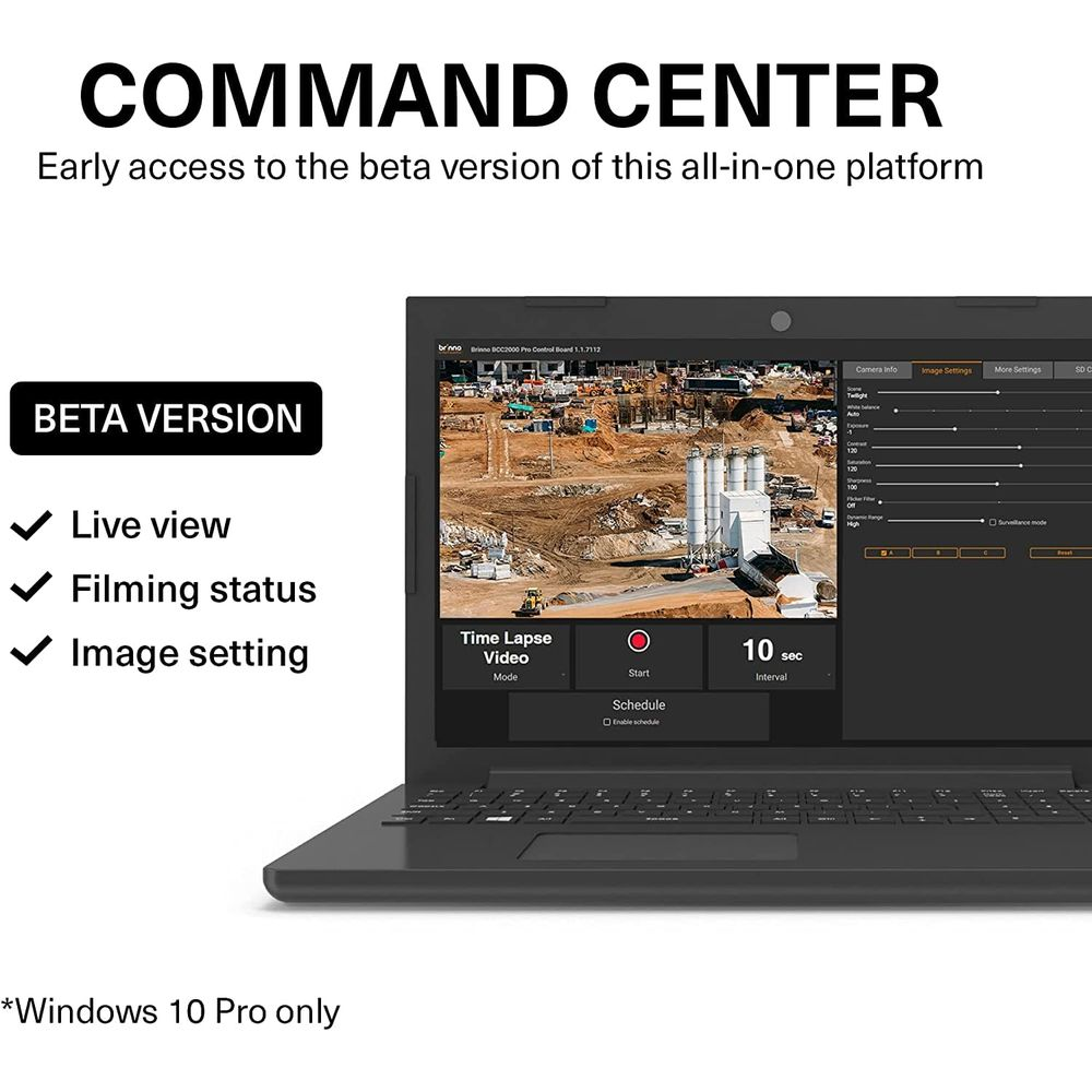 Laptop zeigt COMMAND CENTER Beta-Version mit Baustellenansicht und Einstellungen.
