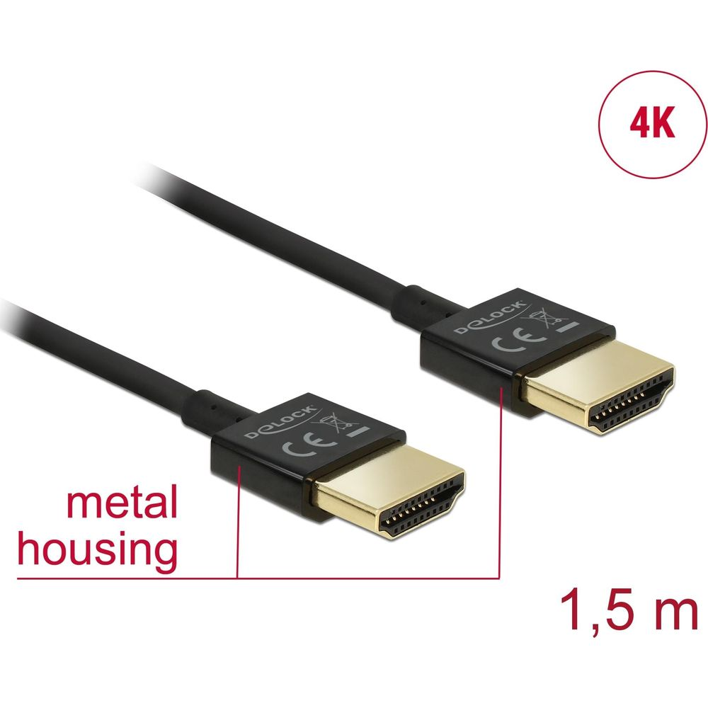 HDMI cable with 4K support, metal housing, 1.5m length.