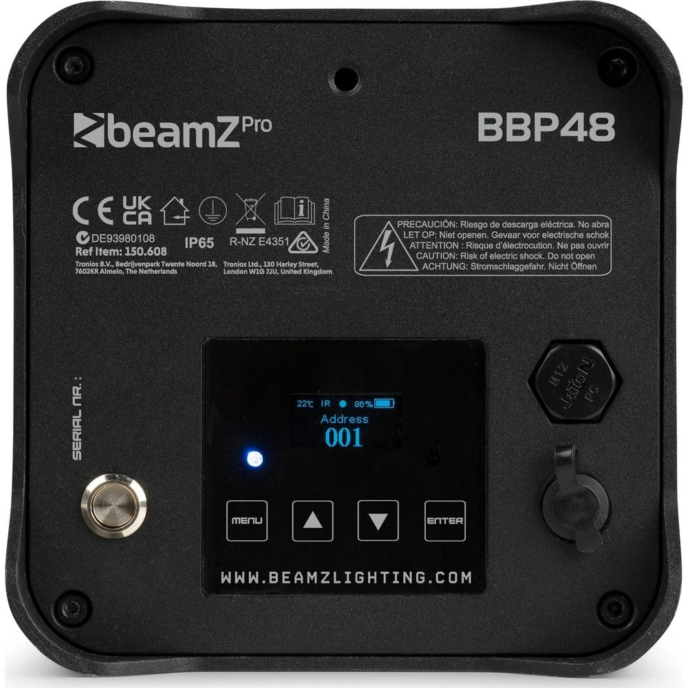 La parte superior de un dispositivo BeamZ Pro negro con etiquetas y pantalla.
