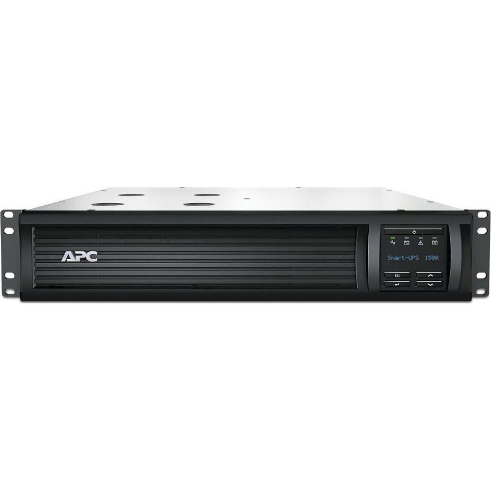 Una UPS negra APC Smart-UPS 1500 de montaje en rack con rejillas y pantalla.
