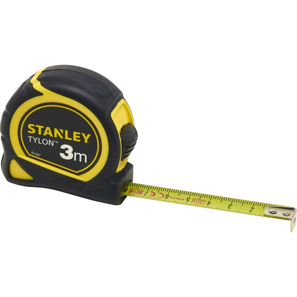 Metro a nastro Stanley Tylon, 3m, nero e giallo, con nastro esteso.