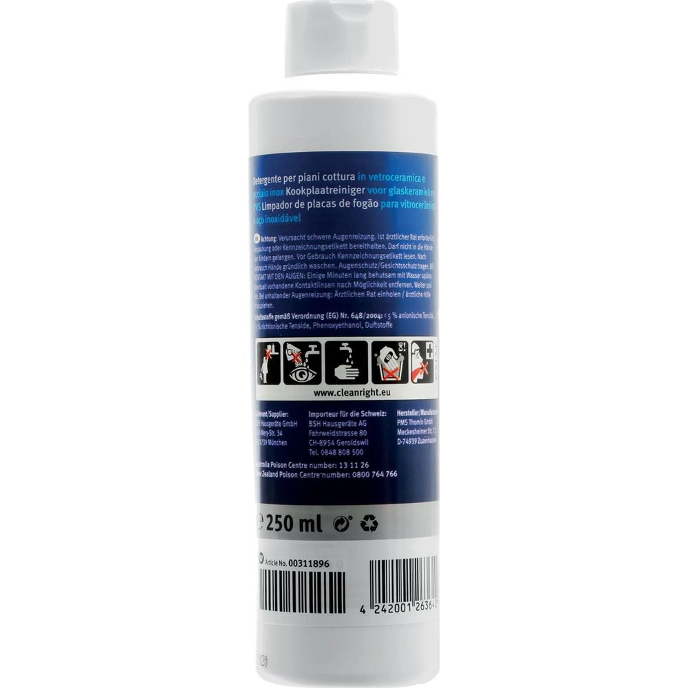 Flacone bianco con etichetta nera per pulitore piani cottura, 250 ml.