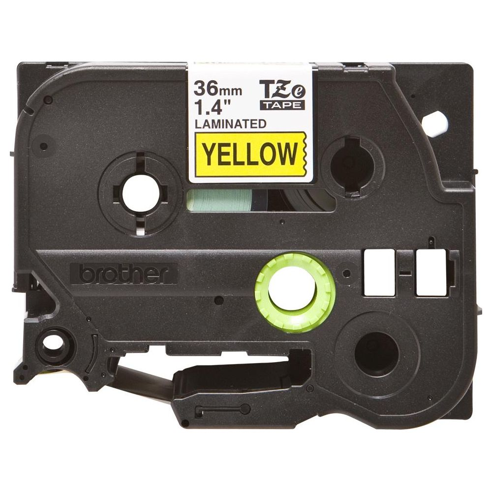 Cartuccia nastro Brother nera con etichetta gialla laminata da 36mm.