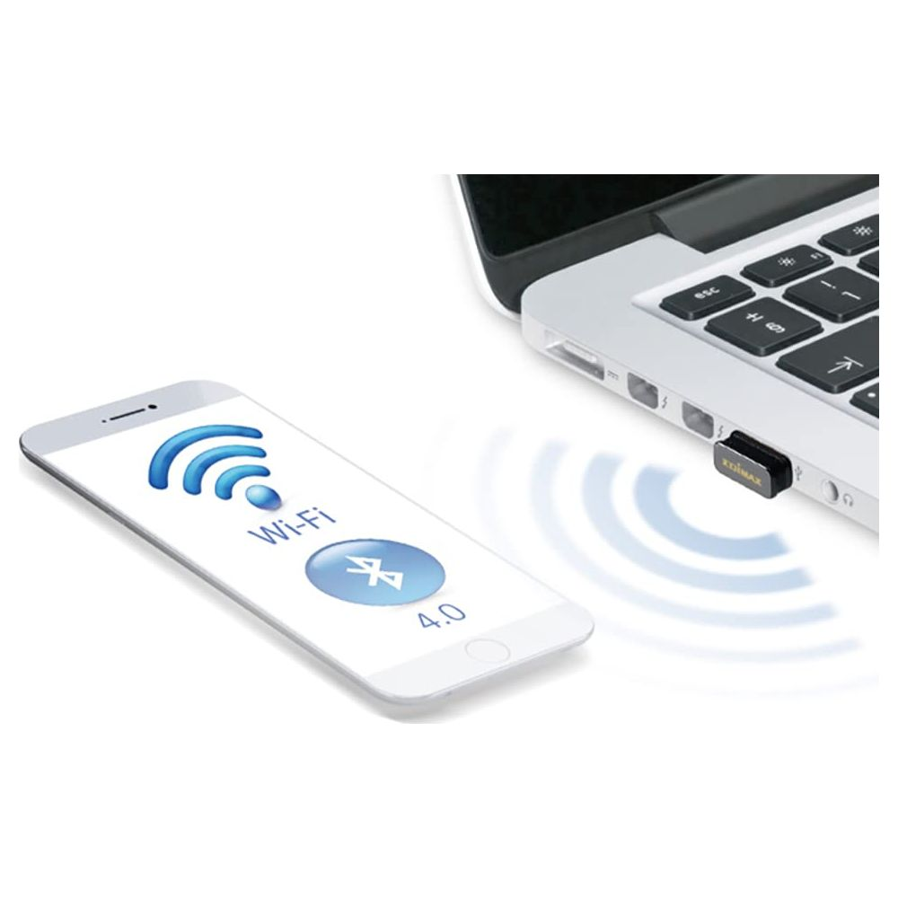 Un smartphone affiche Wi-Fi et Bluetooth 4.0. Un adaptateur USB est branché sur un ordinateur portable.