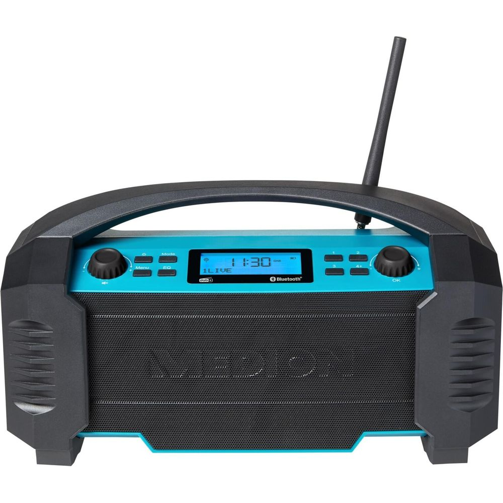 Ein tragbares Radio mit schwarzem und blauem Gehäuse, Antenne, Lautsprecher und Display.