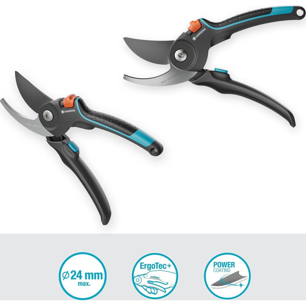 Dwa sekatory z czarnymi rękojeściami, niebieskimi i pomarańczowymi akcentami.