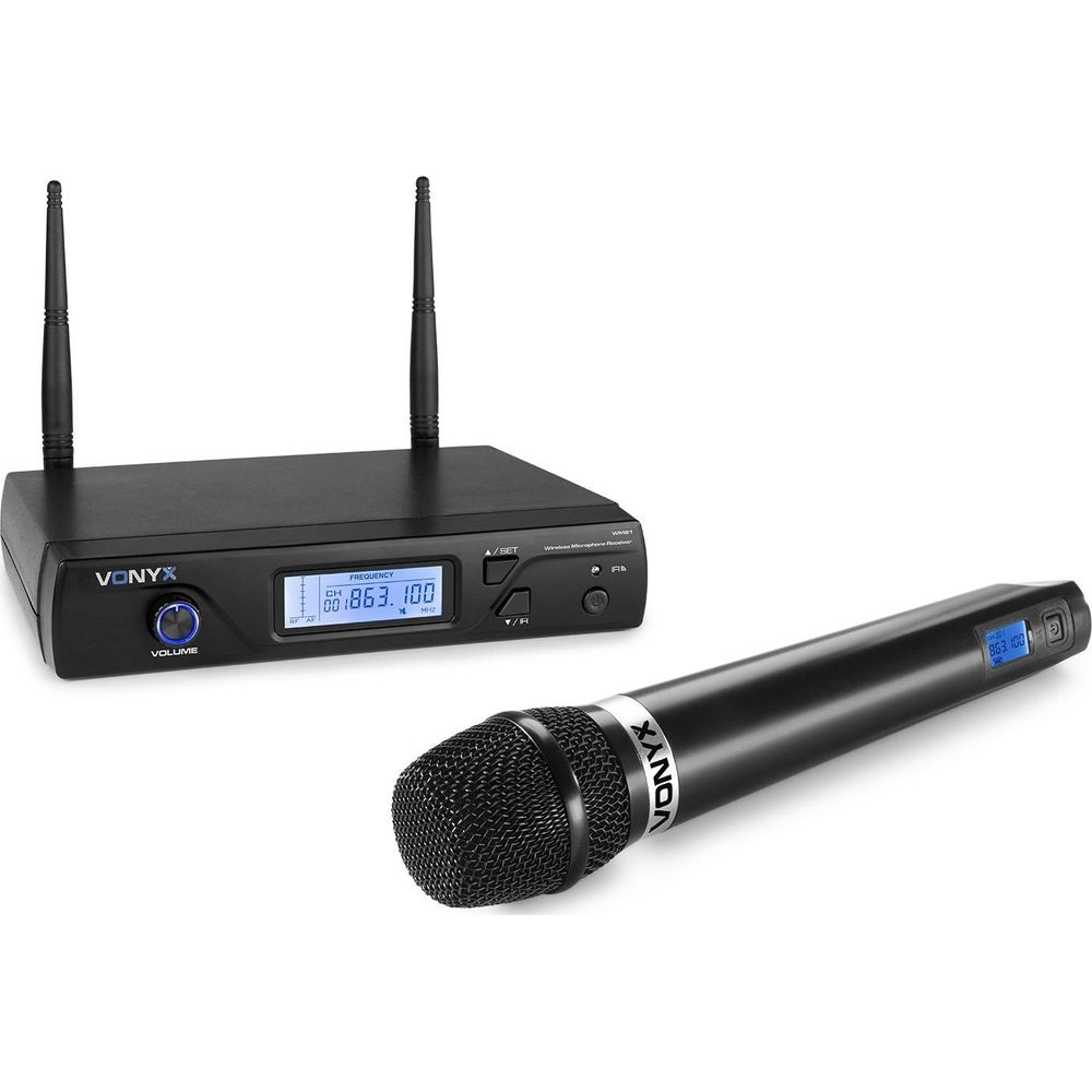 Black Vonyx wireless receiver with antennas and a handheld microphone beside it.
