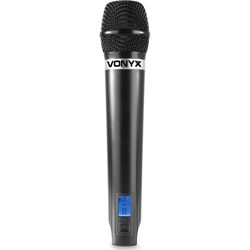 A black VONYX microphone with a blue display and buttons.