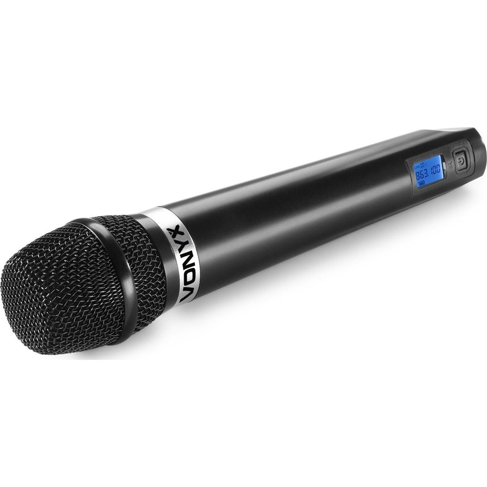 A black Vonyx wireless microphone with a digital display and power button.
