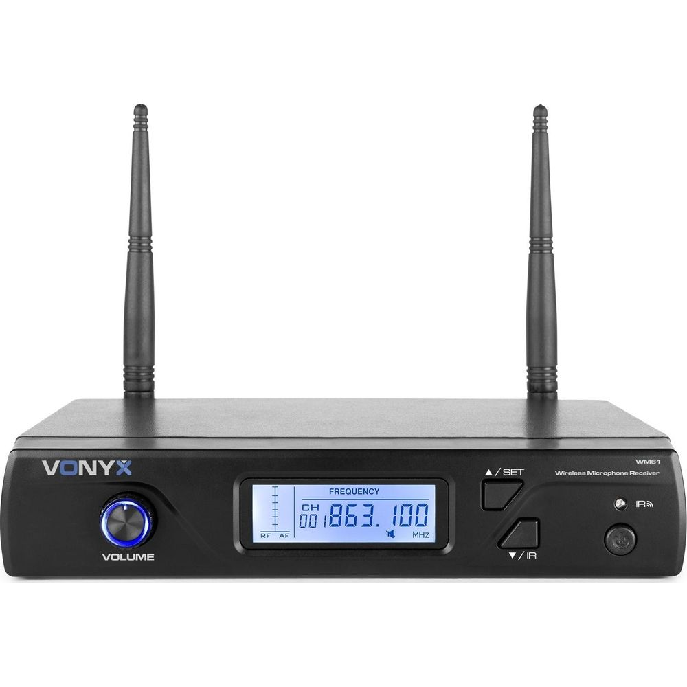 Black Vonyx wireless receiver with two antennas and LCD display.