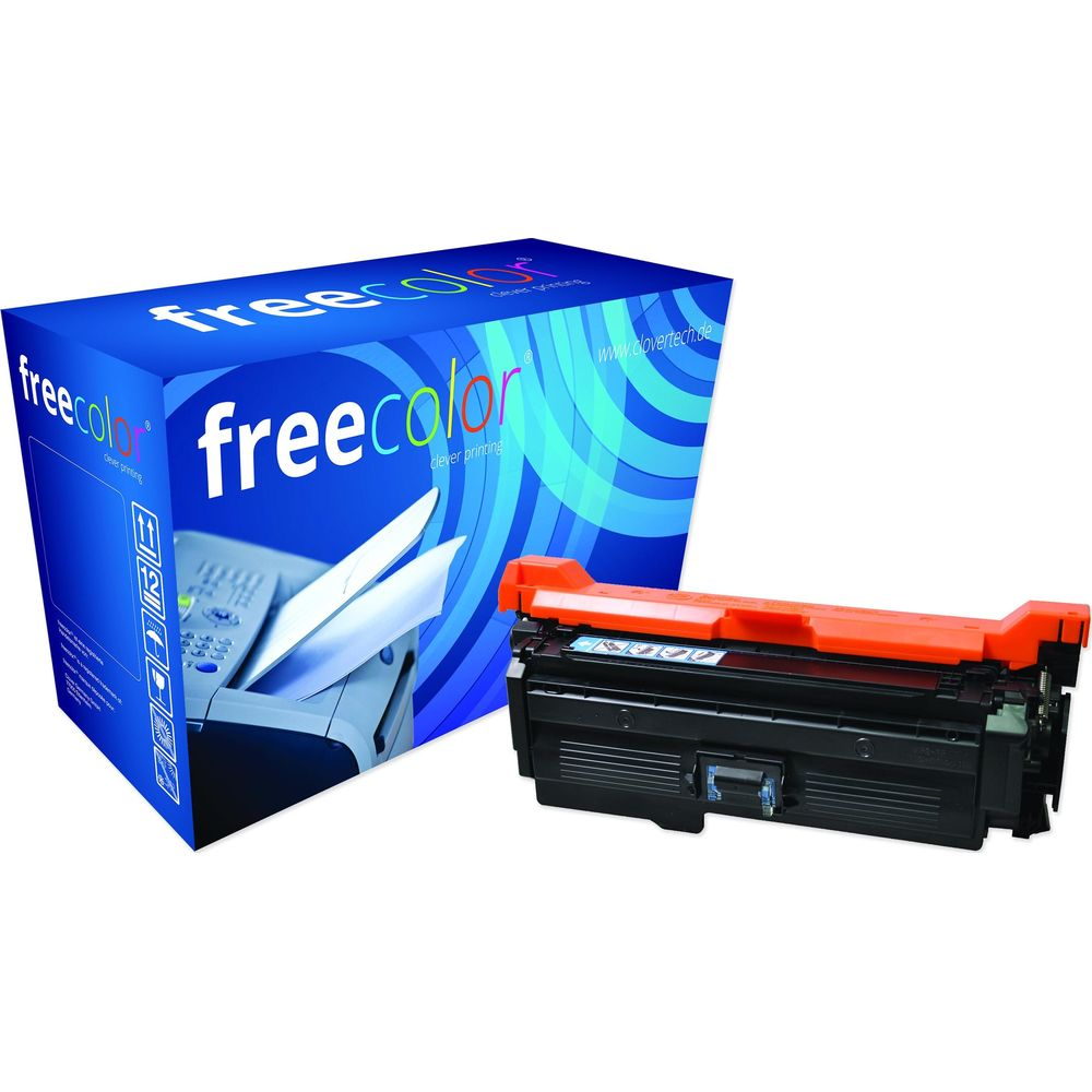 Una scatola di cartucce per stampante con un toner arancione e nero accanto.