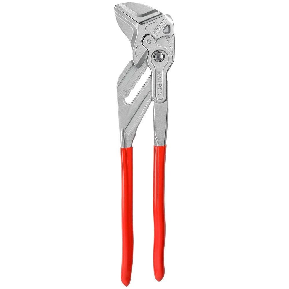 A silver pipe wrench with red handles, isolated on a white background.