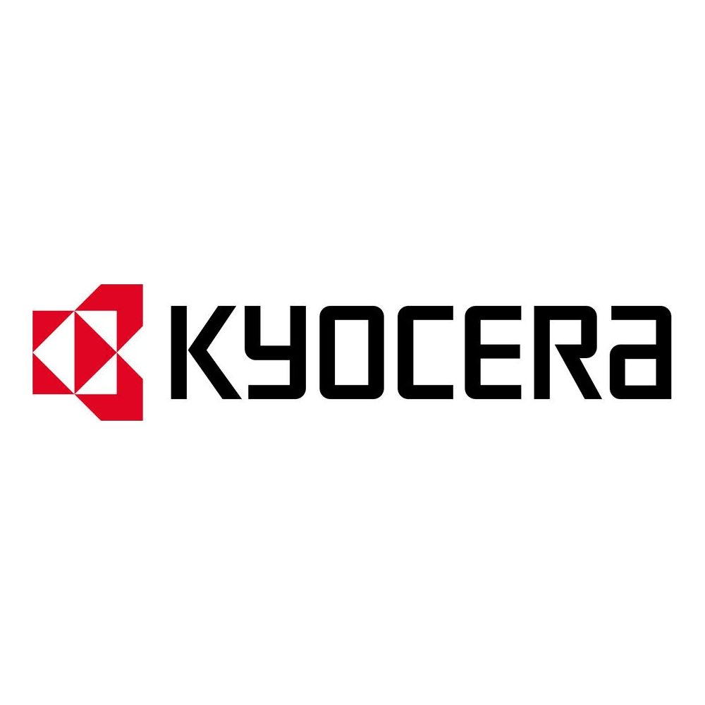 Logo KYOCERA z czerwonym symbolem i czarnym tekstem na białym tle.