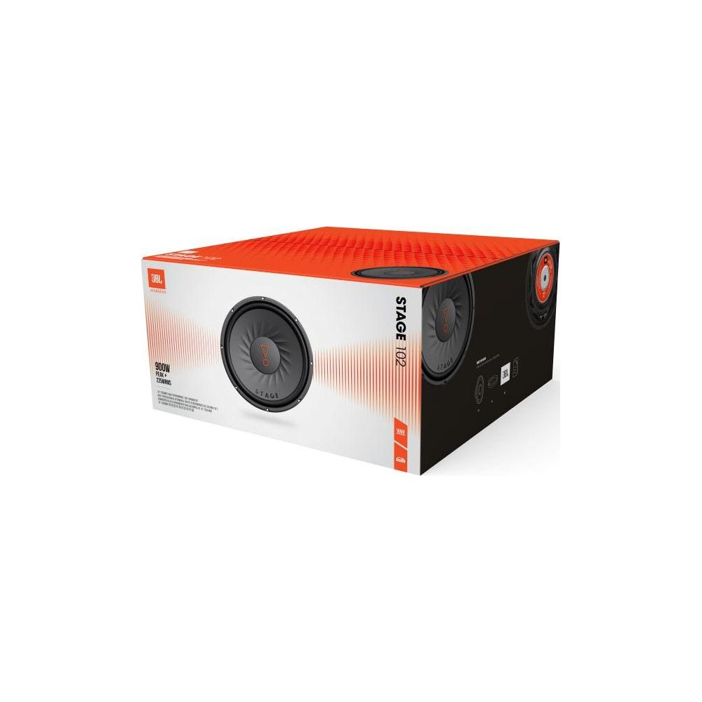 Verpackung eines JBL Subwoofers mit orangefarbenem Gittermuster.