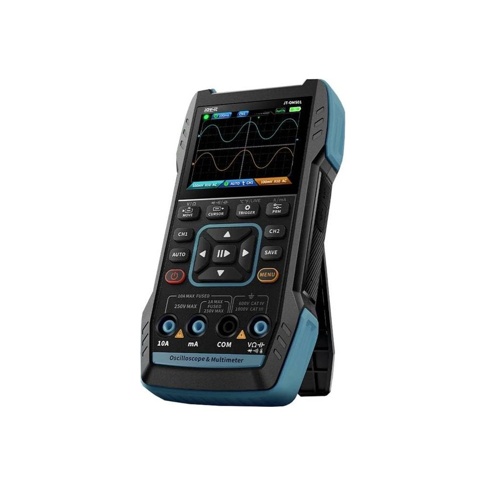 Ein tragbares Oszilloskop und Multimeter mit blauem Gehäuse und einem Bildschirm, der Wellenformen anzeigt.