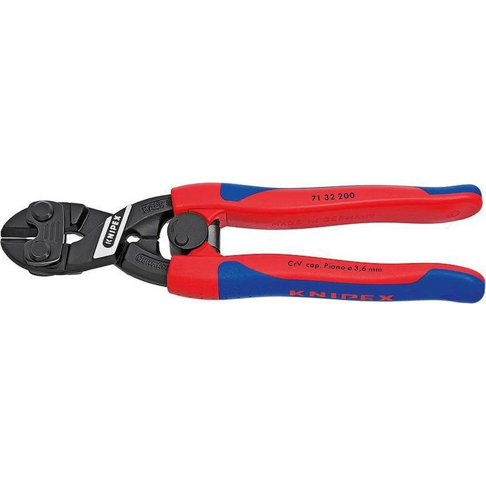 Una pinza Knipex rossa e blu con ganasce nere. Modello 71 32 200.
