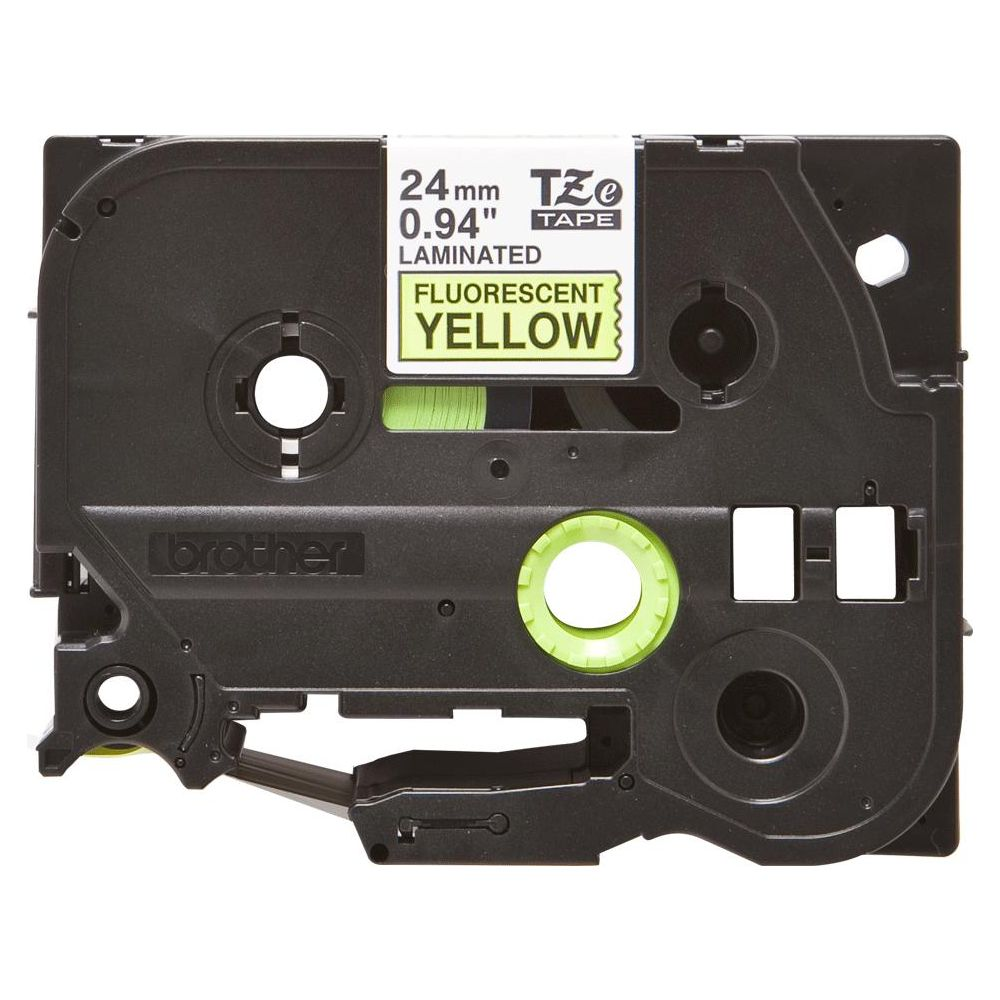Schwarze Kassette mit fluoreszierendem gelbem Band für Brother-Etikettendrucker.