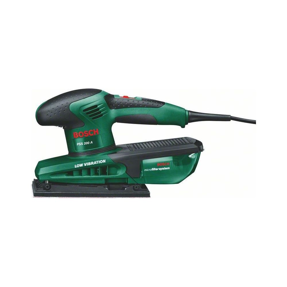 Ponceuse Bosch verte avec boîte de filtre à poussière et bouton rouge.