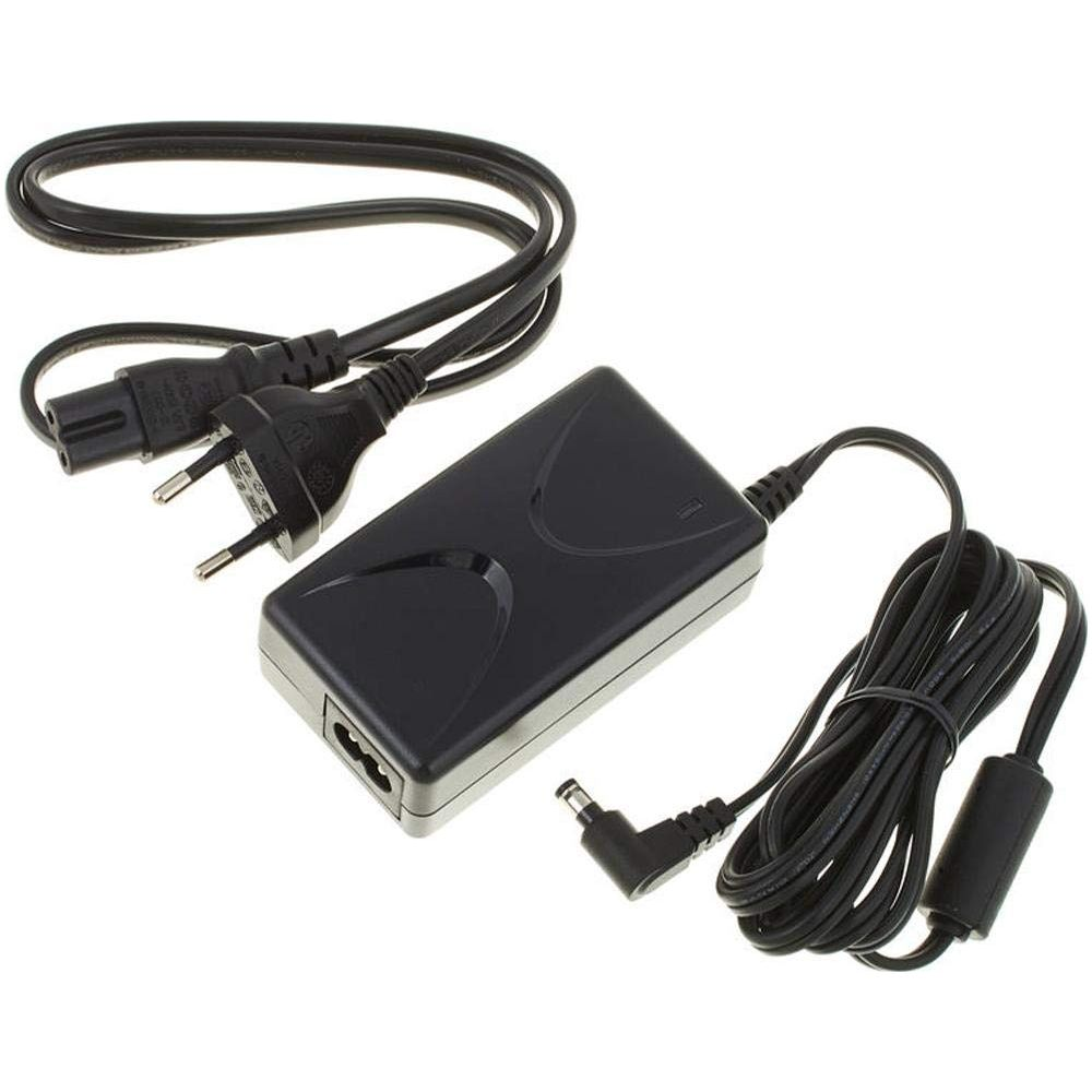 Black power adapter with cables and plugs.