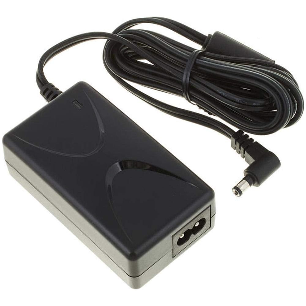 Black power adapter with a black cord and an angled plug.