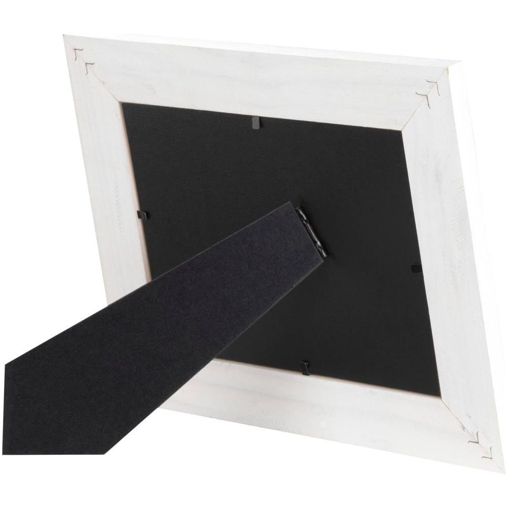 Vue arrière d'un cadre photo blanc avec un pied noir et un insert noir.