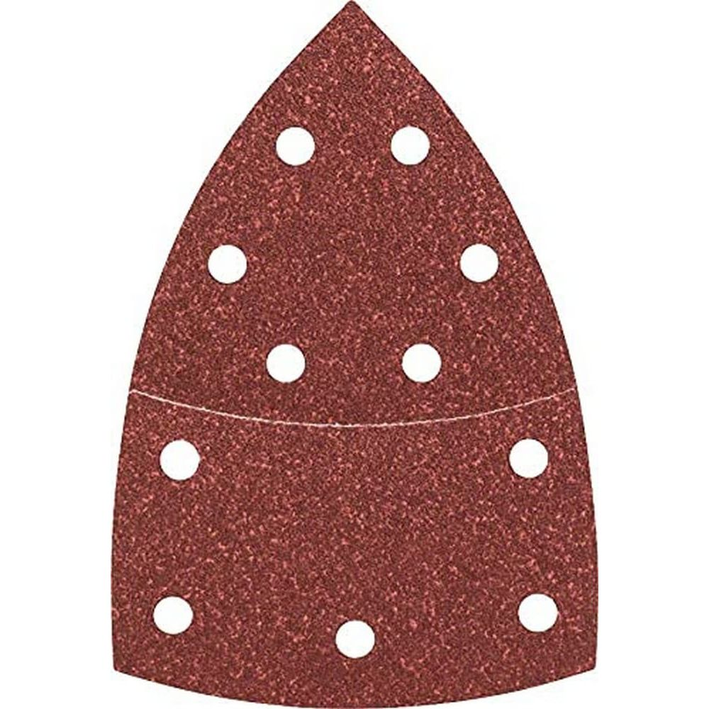 Rotes Schleifpapier mit 10 Löchern in tropfenförmiger Form.