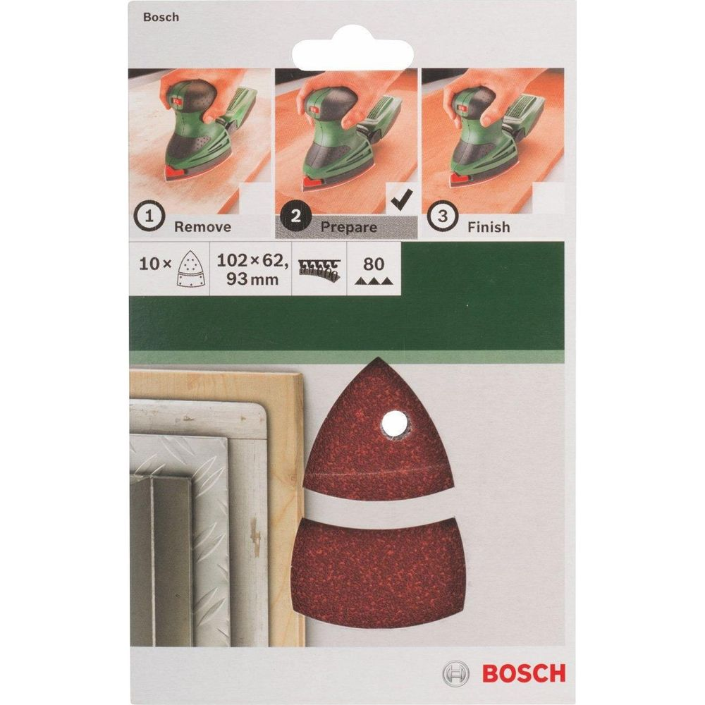 Bosch Schleifpapier für Deltaschleifer: 10 Blatt, 80er Körnung, 102x62x93mm.
