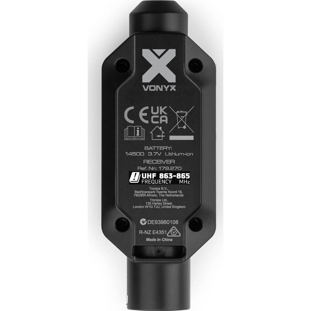 Receptor Vonyx negro con marcas CE, UKCA y detalles de frecuencia.