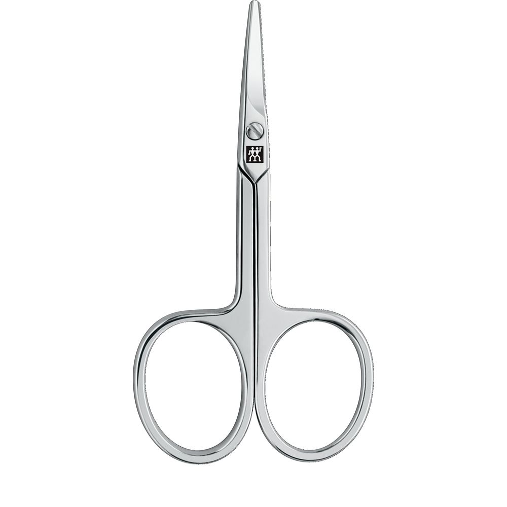 Pojedyncze małe srebrne nożyczki z dwoma okrągłymi uchwytami.