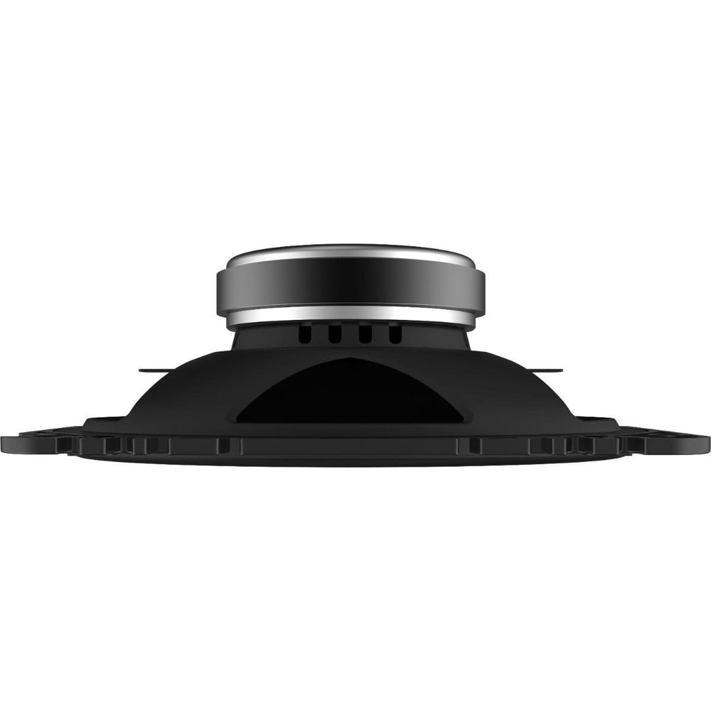 A black speaker with a silver ring and four small cutouts, shown from the side.