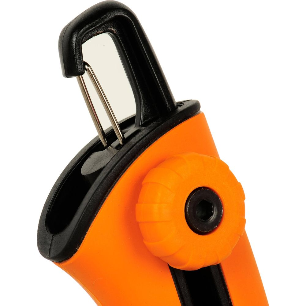Orange Werkzeug mit schwarzem Clip und Rändelschraube.